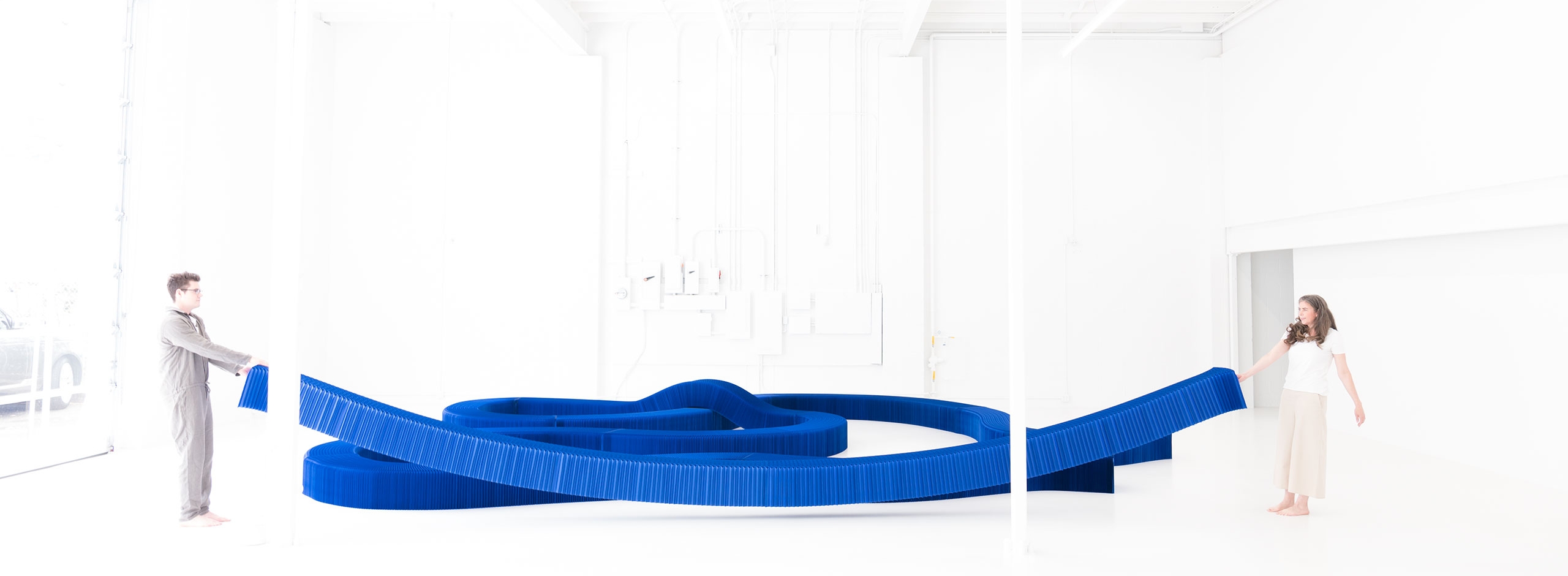 The modular paper furniture collection by molo includes this Klein blue expanding paper bench with magnetic connectors.