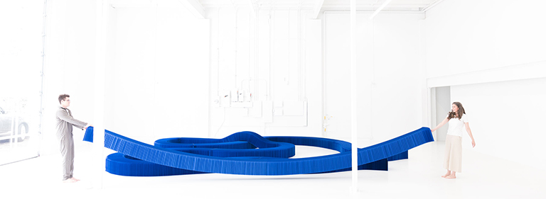 The modular paper furniture collection by molo includes this Klein blue expanding paper bench with magnetic connectors.