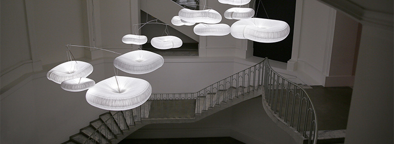 A series of cloud softlight mobile installed at the Vancouver Art Gallery.