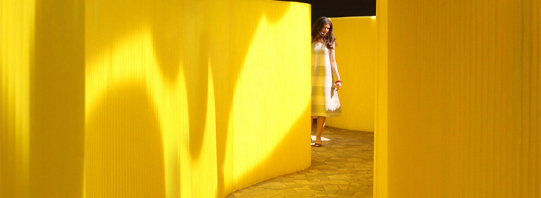 acoustic wall with Pantone 100 C yellow custom colour. The flexible textile softwall folding wall by molo.