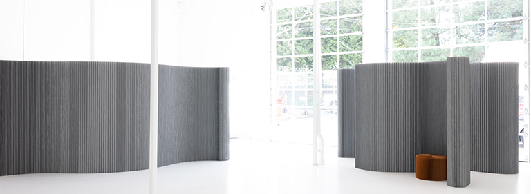 textile softwall acoustic wall made in custom color Pantone Cool Gray 6. This folding paper wall is made by molo.