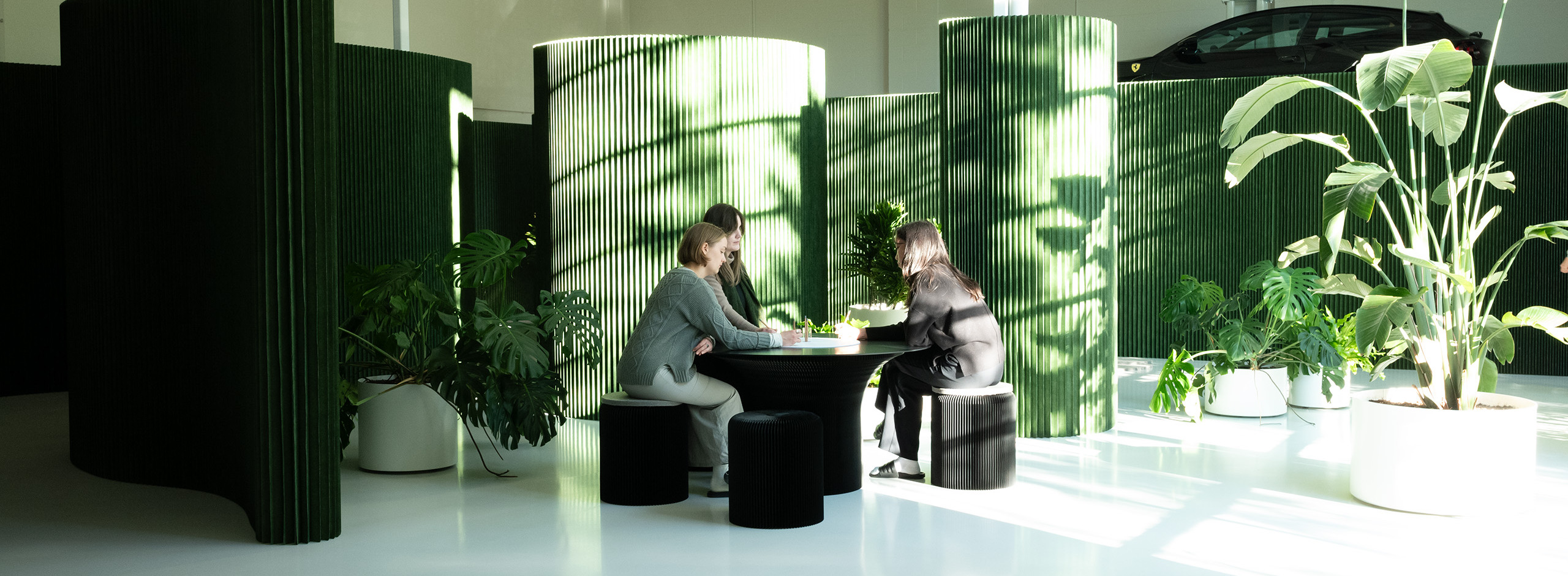 green softwall,acoustic partitions,Pantone 17-0230green in architecture,molo