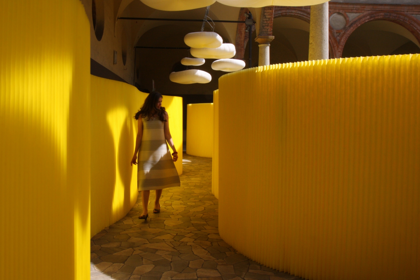 room divider textile softwall in a custom yellow colour and cloud mobile softlight for MOST in Milan