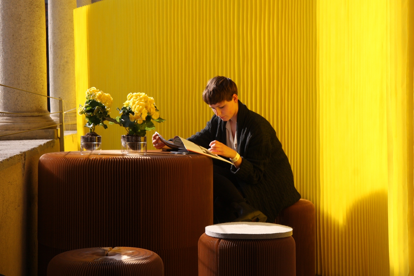 room divider wall - textile softwall in a custom yellow colour for MOST in Milan