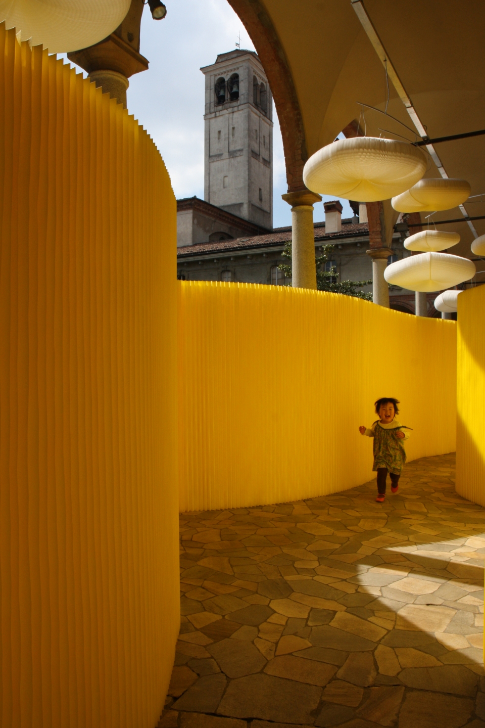 textile softwall room dividers in a custom yellow colour and cloud mobile softlight for MOST in Milan