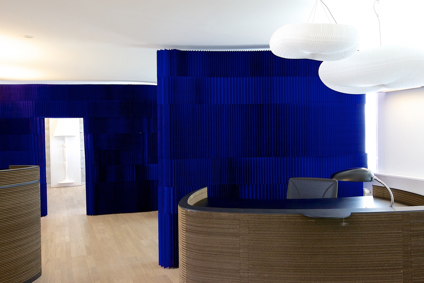 brown paper thinwall, indigo blue softblocks and cloud softlight pendants at the GrapeDesign showroom in Copenhagen