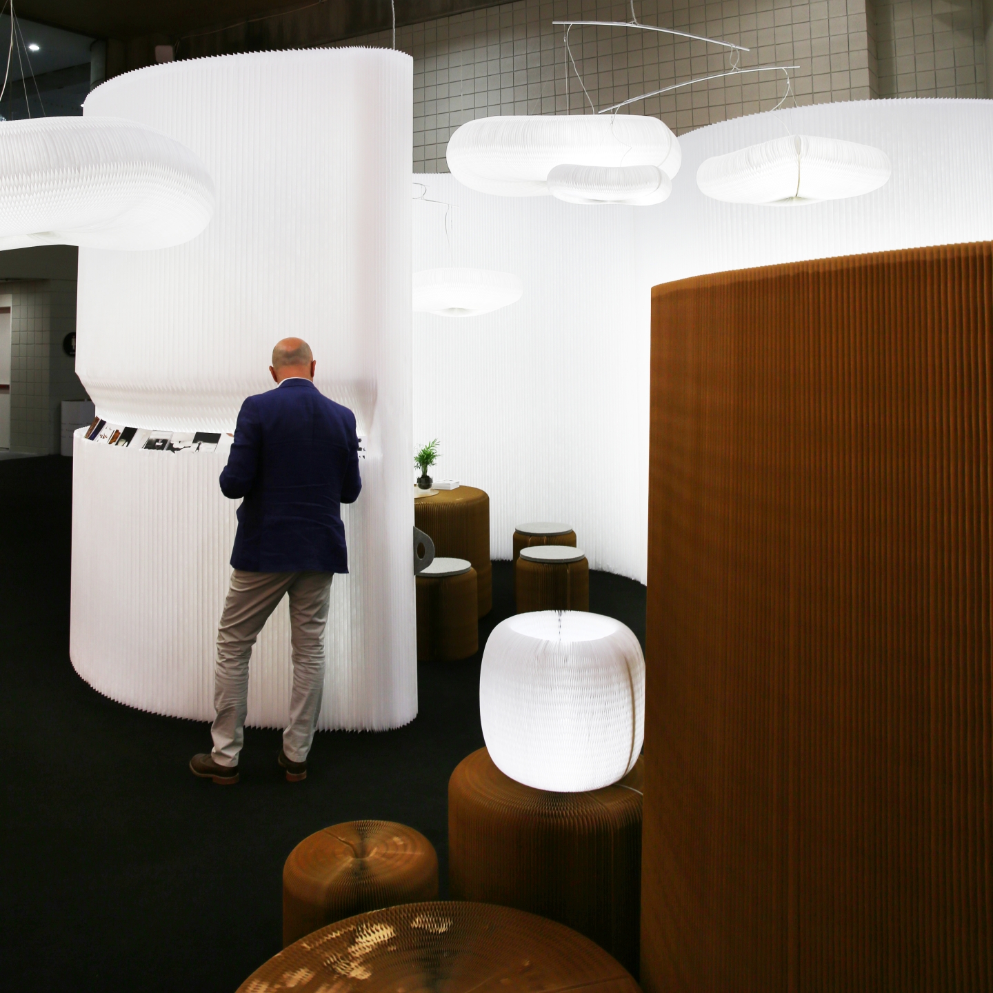 paper lighting and paper furniture by molo - molo's installation at ICFF 2014 featured cloud softlight, modified textile and benchwall