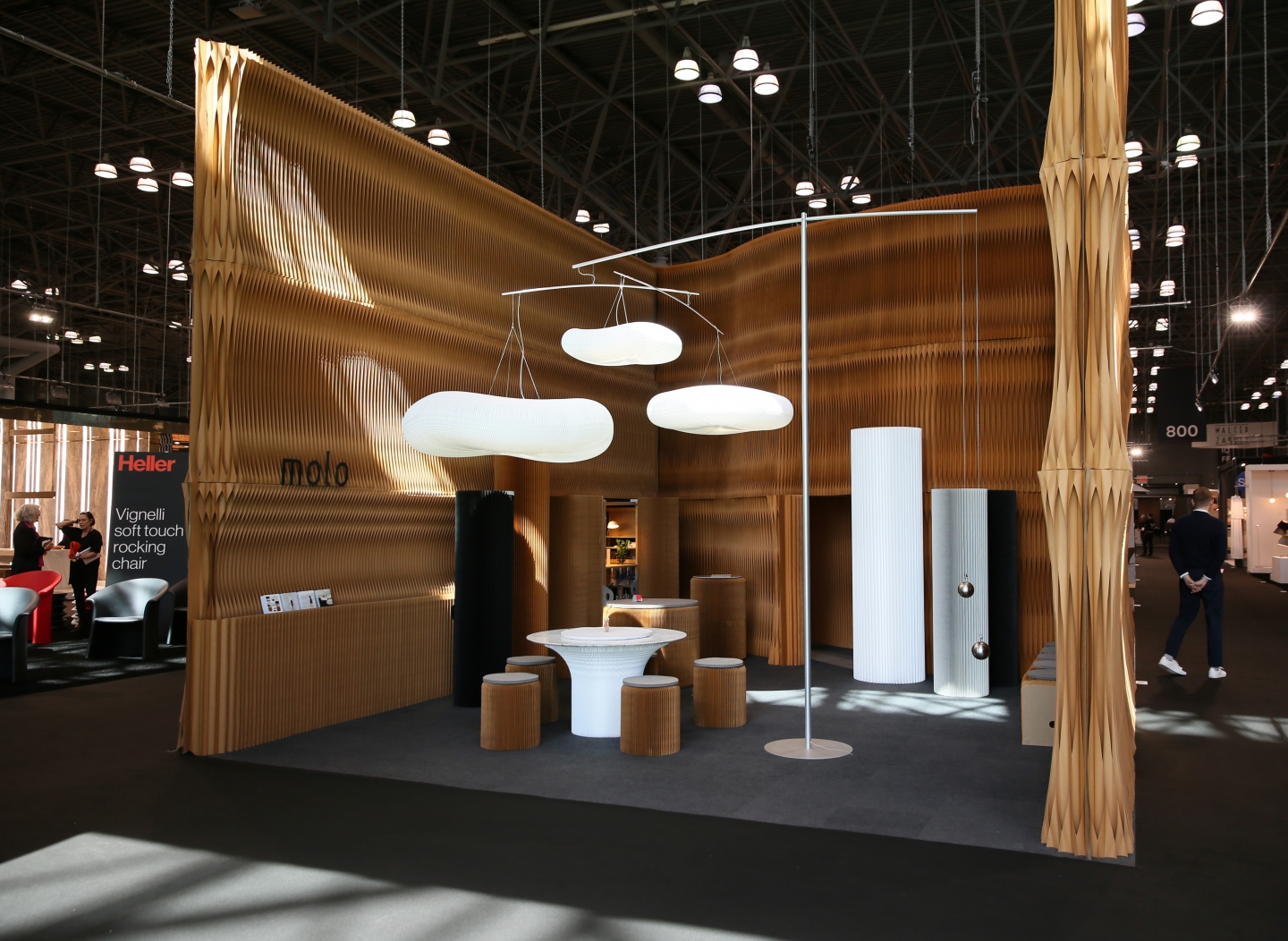 room to experience molo's products at the ICFF 2017 installation - mobile folding partition walls, cloud mast, cantilever table and paper furniture