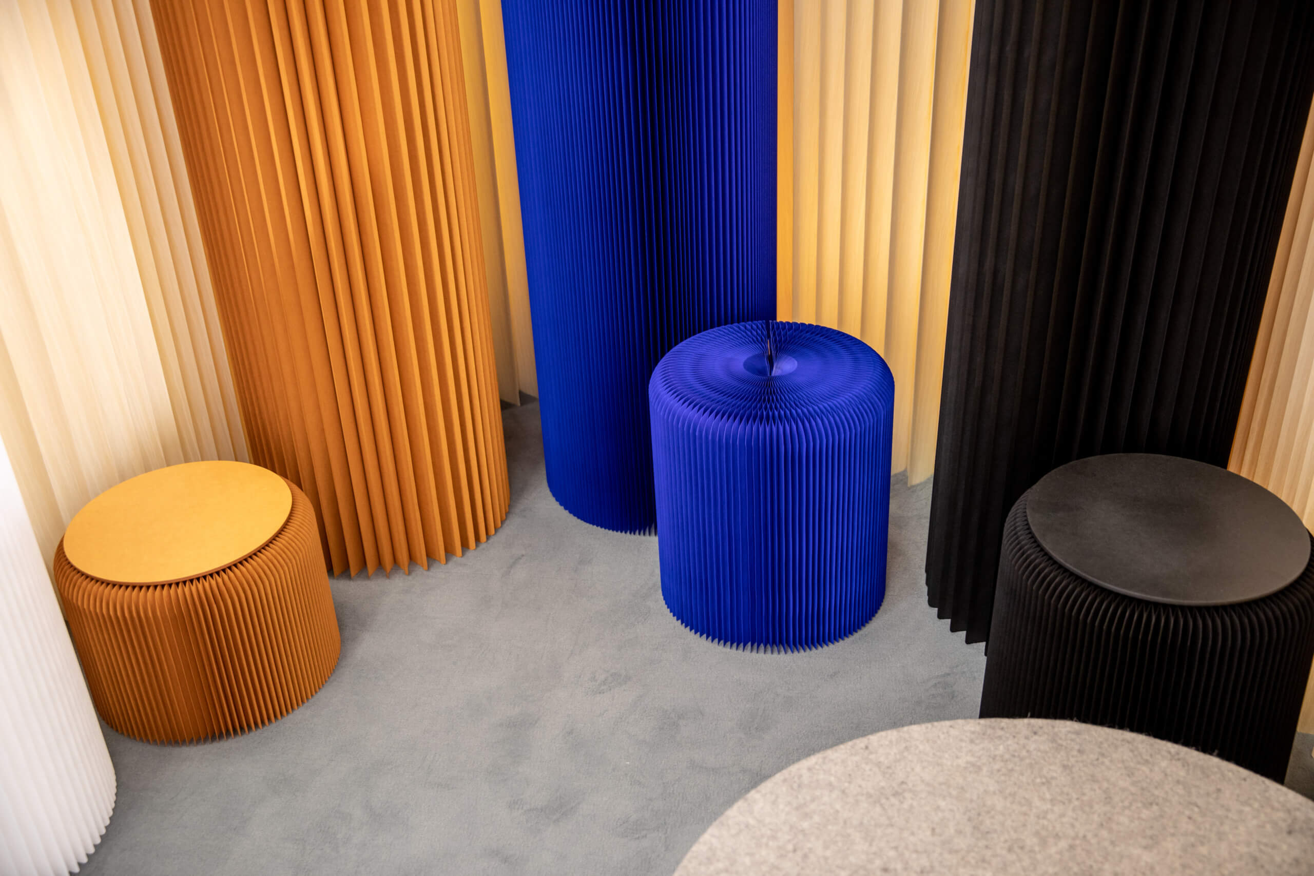 paper stools and softwalls in multiple colour options
