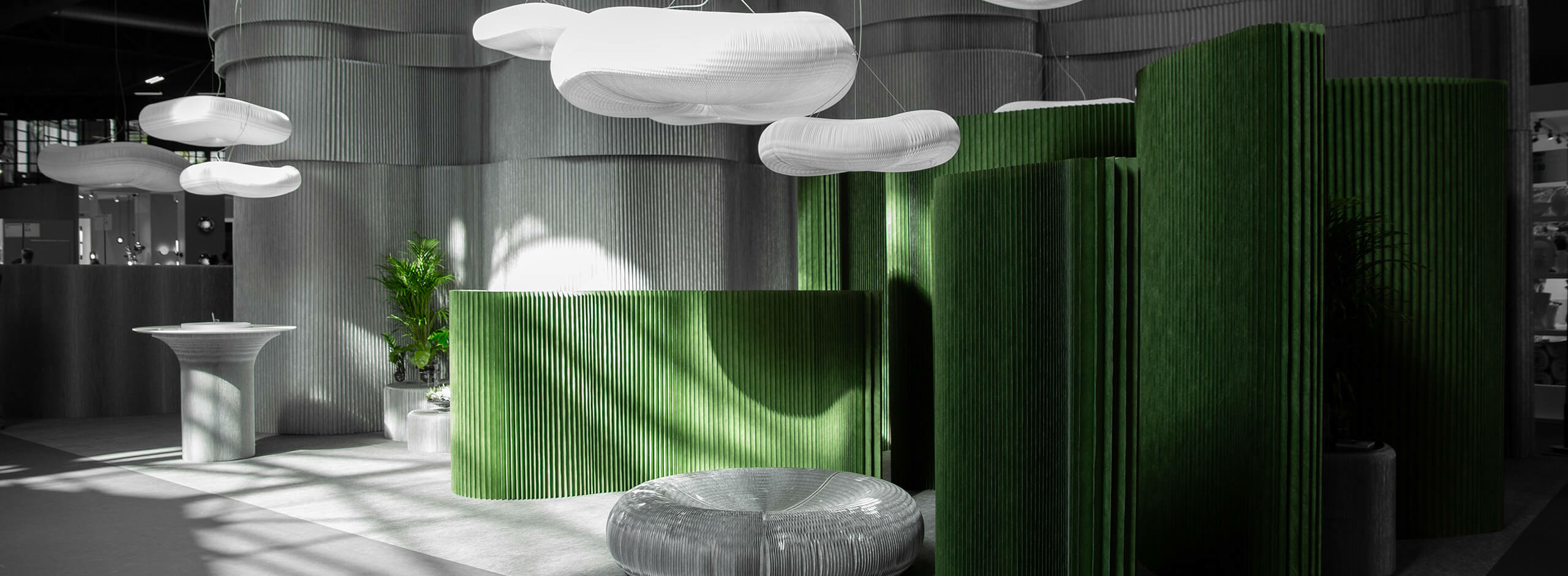 green textile and aluminum temporary walls - acoustic partitions orgatec cologne 2024